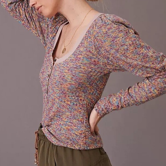 Anthropologie Puff Sleeve Knit Henley Top Multicolor Space Dye Medium EUC - Picture 12 of 15